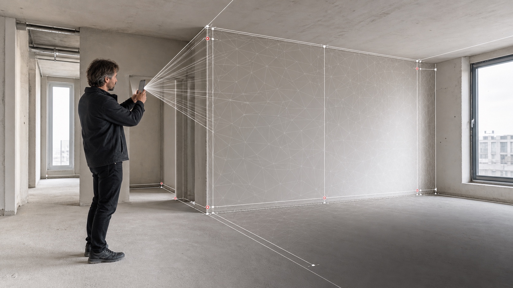 Architect measuring an unfinished room on site