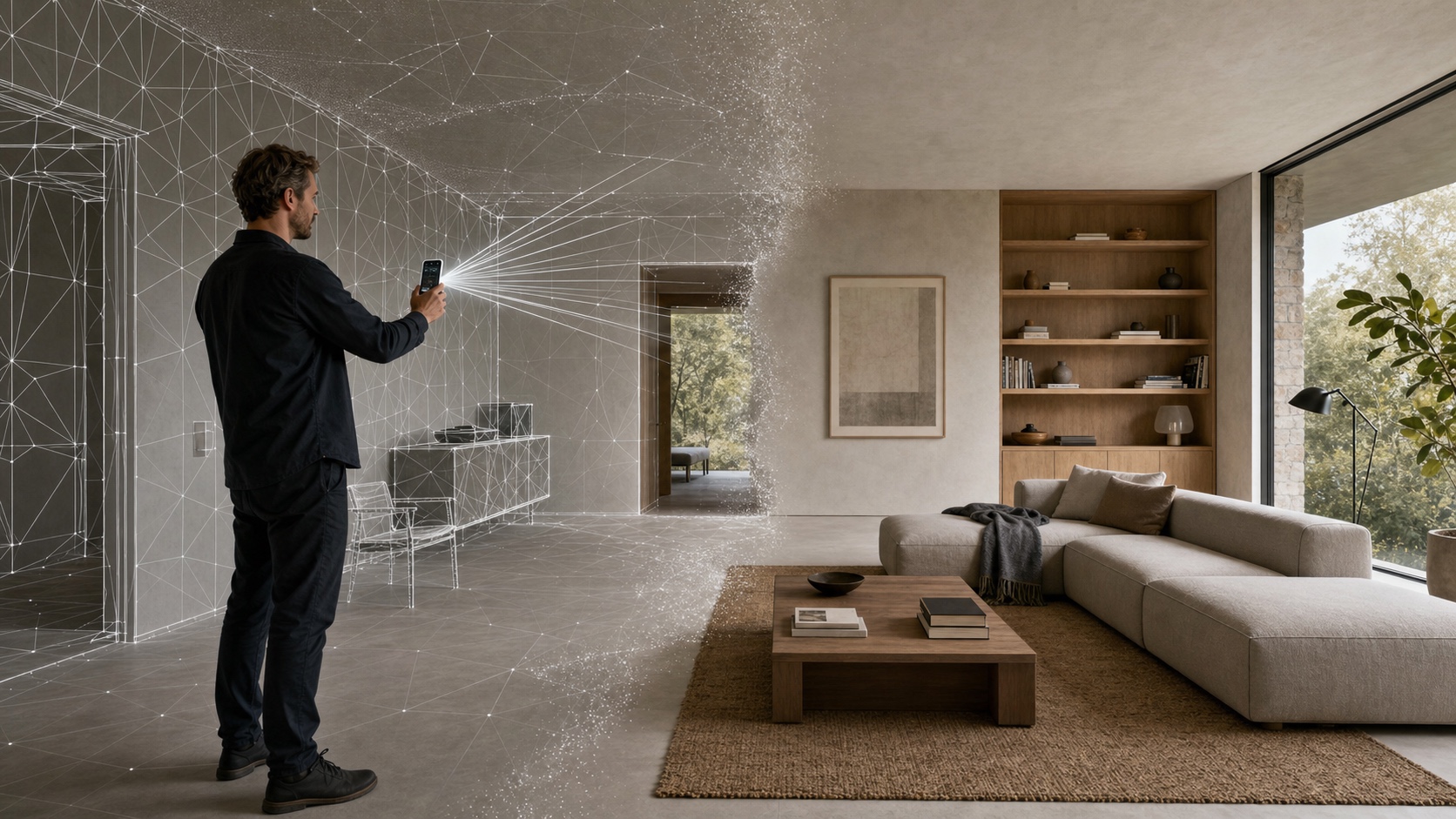 Architect scanning an empty room with a technical spatial mesh